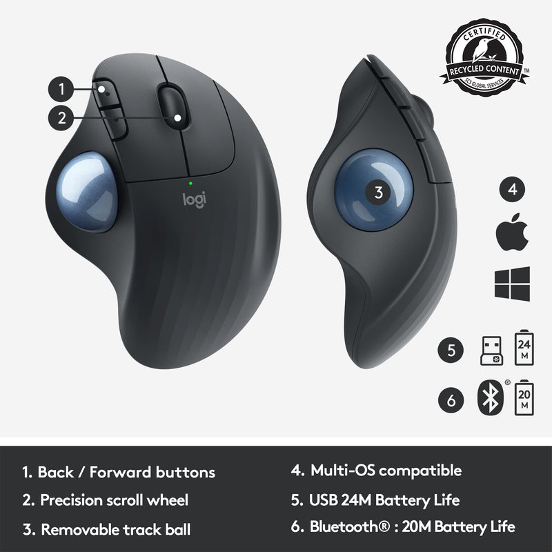  [AUSTRALIA] - Logitech ERGO M575 Wireless Trackball Mouse - Easy thumb control, precision and smooth tracking, ergonomic comfort design, for Windows, PC and Mac with Bluetooth and USB capabilities - Graphite