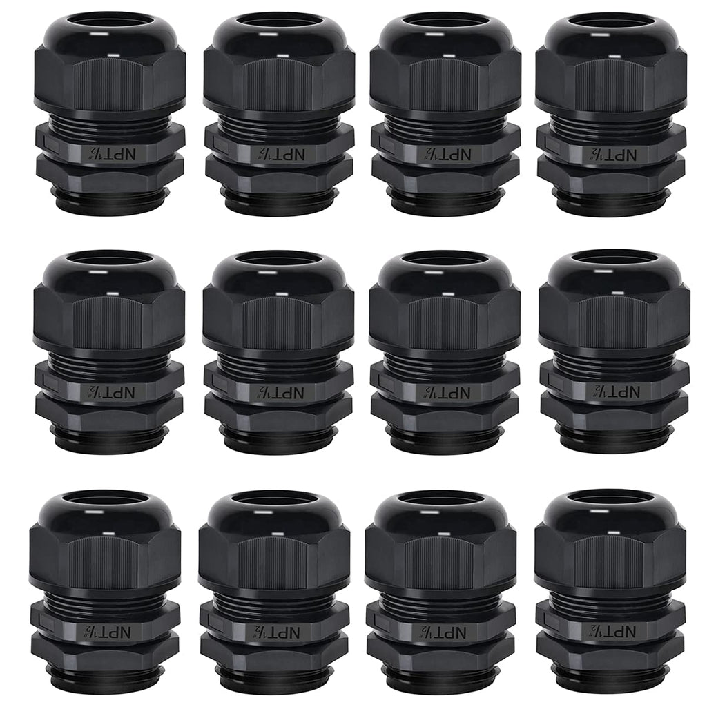  [AUSTRALIA] - Zulkit Cable Gland, 12 Pcs N-P-T 1/2" Nylon Cord Cable Glands, IP68 Waterproof Adjustable Locknut for 7-12mm Cable Connectors Black Wire Protectors with Gaskets 1/2 inch-12pcs