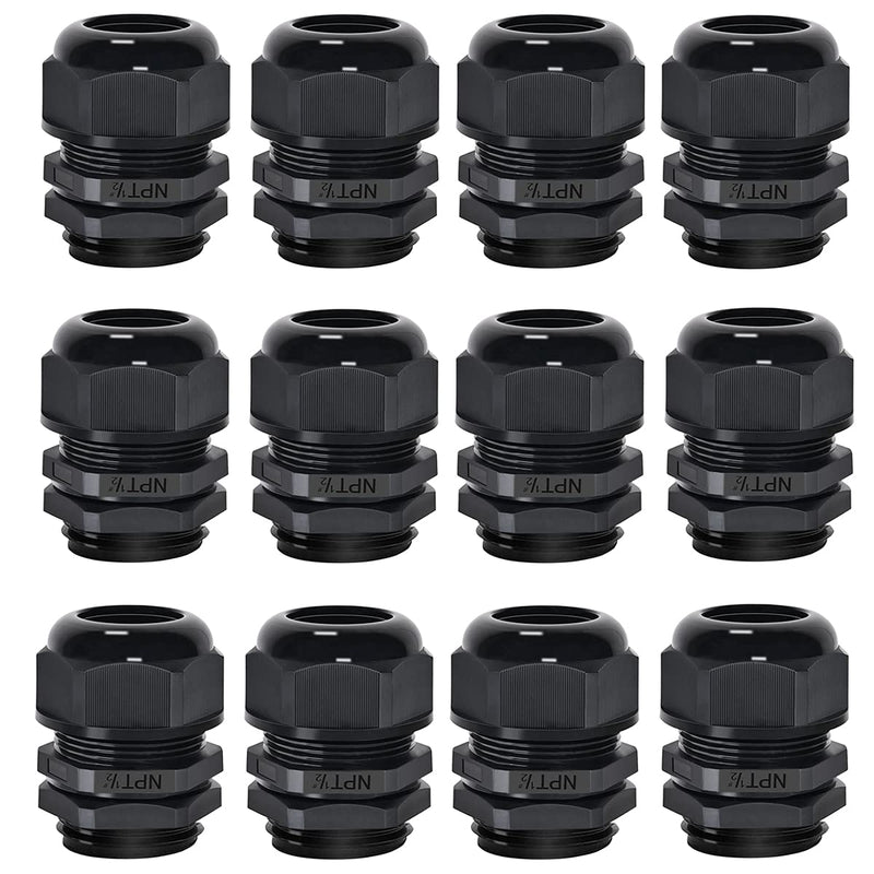  [AUSTRALIA] - Zulkit Cable Gland, 12 Pcs N-P-T 1/2" Nylon Cord Cable Glands, IP68 Waterproof Adjustable Locknut for 7-12mm Cable Connectors Black Wire Protectors with Gaskets 1/2 inch-12pcs