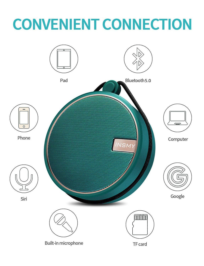  [AUSTRALIA] - INSMY Portable IPX7 Waterproof Bluetooth Speaker, Wireless Outdoor Speaker Shower Speaker, with HD Sound, Support TF Card, Suction Cup, 12H Playtime, for Kayaking, Boating, Hiking (Teal) Teal