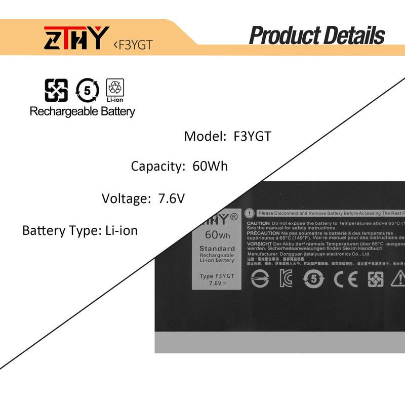  [AUSTRALIA] - ZTHY New 60Wh F3YGT Laptop Battery for Dell Latitude 12 7000 7280 7290/13 7000 7380 7390 P29S002/14 7000 7480 7490 P73G002 Series DM3WC DM6WC 2X39G KG7VF 451-BBYE 453-BBCF 7.6V 4-Cell