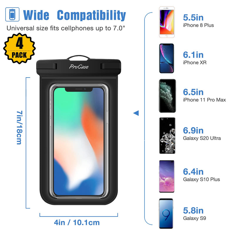  [AUSTRALIA] - ProCase Universal Cellphone Waterproof Pouch Dry Bag Underwater Case for iPhone 13 12 Pro Max 11 Pro Max 13 Mini Xs Max XR X 8 7 6, Galaxy S20 Ultra S10 Note10 up to 7" -4 Pack,Black Black