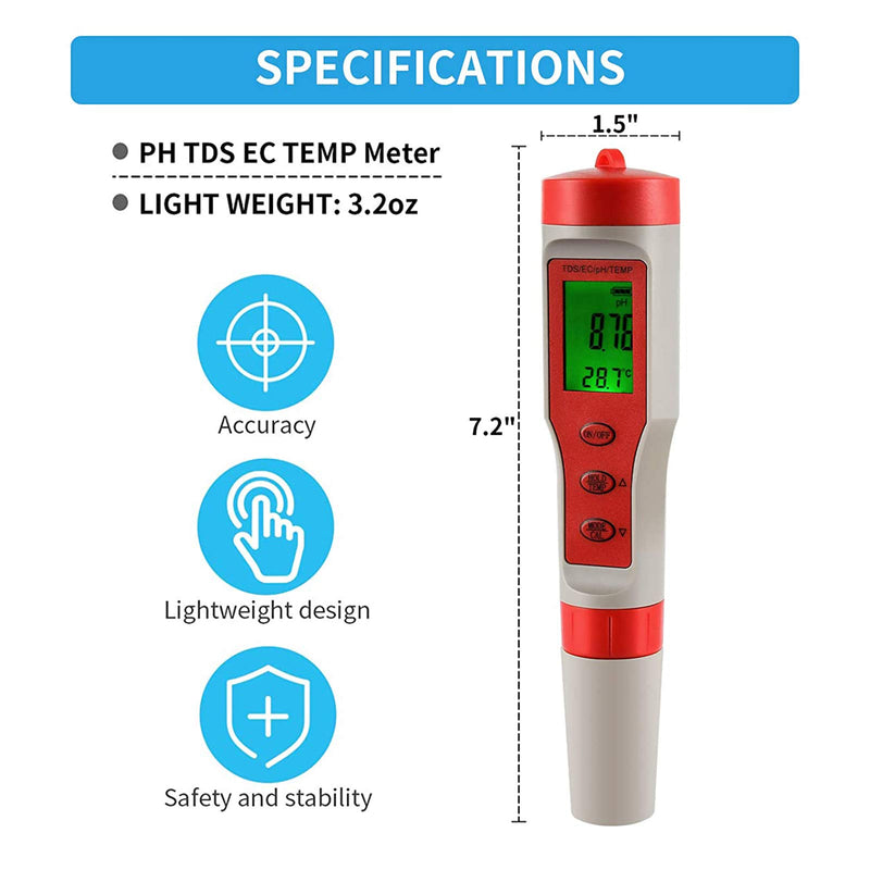 iPower 4 in 1 Digital Water Tester with ATC, pH/TDS/EC/Temp Meter, ±0.1 pH Accuracy, 0-14.0 pH Measurement Range, for Drinking Water, Pool, Lab, Aquariums 4-in-1 - LeoForward Australia
