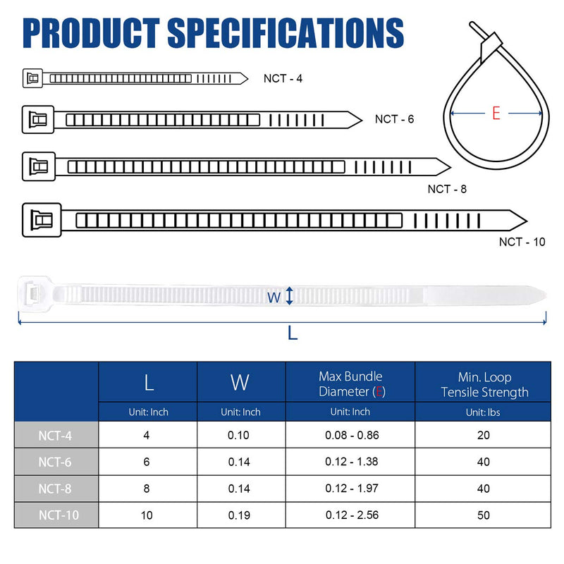  [AUSTRALIA] - Cable Zip Ties 8 Inch, 500Pcs Industrial Nylon Zip Ties | Durable Self Locking Wire Tie Wraps with 40 lbs Tensile Strength, Heat Resistant for Home Office Garage Multiple Use - White 8"x500