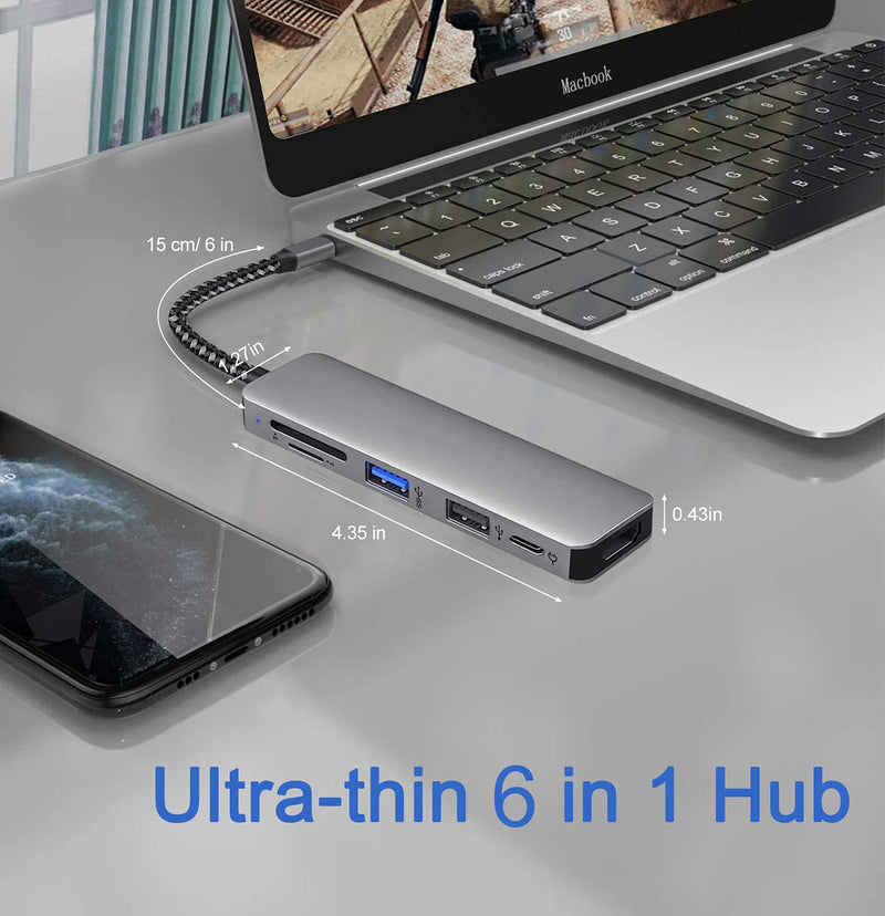  [AUSTRALIA] - USB C Hub Multiport 6 in 1 USB C Adapter with 4K@30Hz HDMI Card Reader SD/TF Card Slots USB 3.0/2.0 Support PD 2.0 Charging Port for MacBook Pro/Air iPad Pro XPS Type C and More