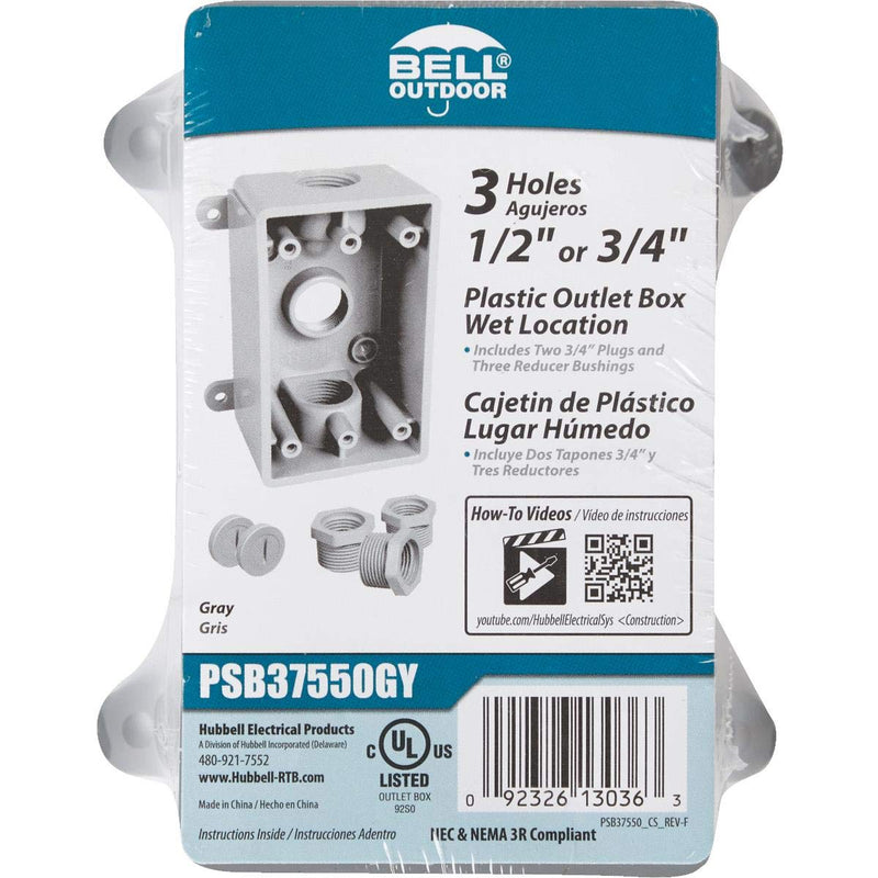  [AUSTRALIA] - BELL PSB37550GY Single-Gang Weatherproof Three 1/2 in. or 3/4 in. Threaded Outlets, 2 in, Gray