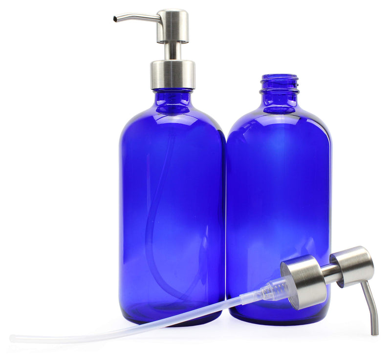 Cornucopia 16-Ounce Cobalt Blue Glass Bottles w/Stainless Steel Pumps (2-Pack), Soap Dispenser w/Lotion Pumps for Essential Oil Bottles, Lotions, Liquid Soap, and More - LeoForward Australia