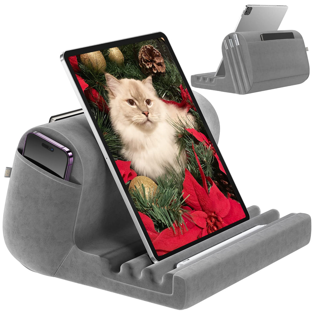  [AUSTRALIA] - Tablet Pillow Holder, KDD Pillow Soft Pad for Lap, Bed and Desk Tablet Stand Dock with 2 Pocket and 3 Stylus Mount Compatible with iPad Pro 9.7, 10.5,12.9 Air Mini 5 4 3 2, Galaxy Tab, E-Reader, Books Gray