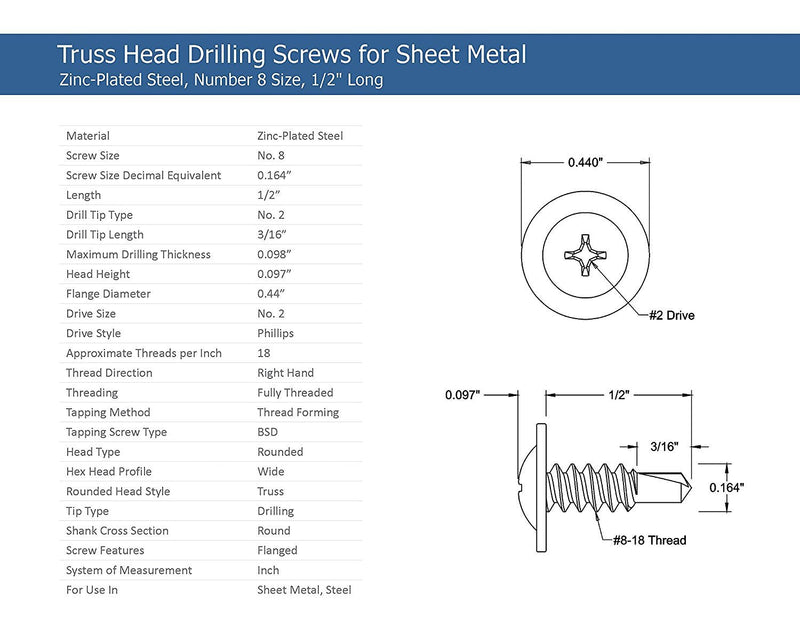  [AUSTRALIA] - #8 x 1/2" Phillips Modified Truss Head Self-Drilling Tek Screw, Zinc-Plated Steel for Sheet Metal Attaches Wire Lath to Metal Studs - Box of 100 #8-18 Thread x 1/2" Long