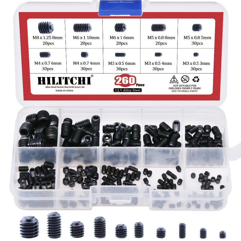  [AUSTRALIA] - Hilitchi 260pcs M3/4/5/6/8 Allen Head Socket Hex Grub Screw Set Assortment Kit with Plastic Box 12.9 Class Black Alloy Steel