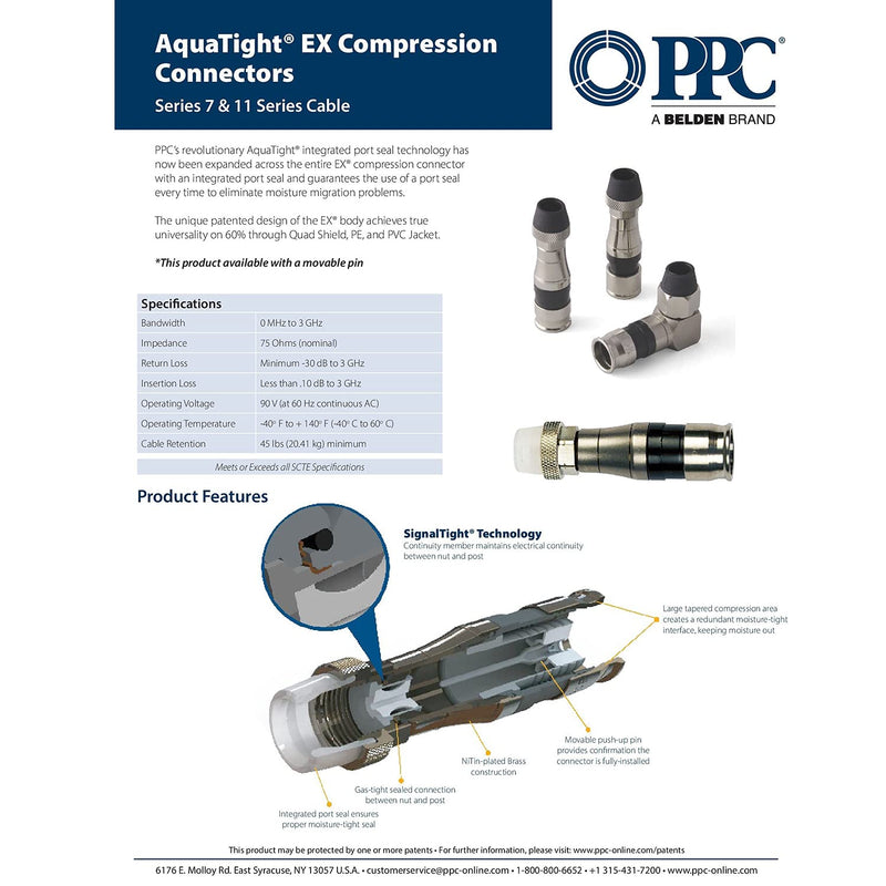 PPC RG11 Coax Compression Connectors Qty of 25: EX11N716WS with AquaTight Seal for Quad Shield, PE, and PVC Jacket Coaxial Series Cable - LeoForward Australia