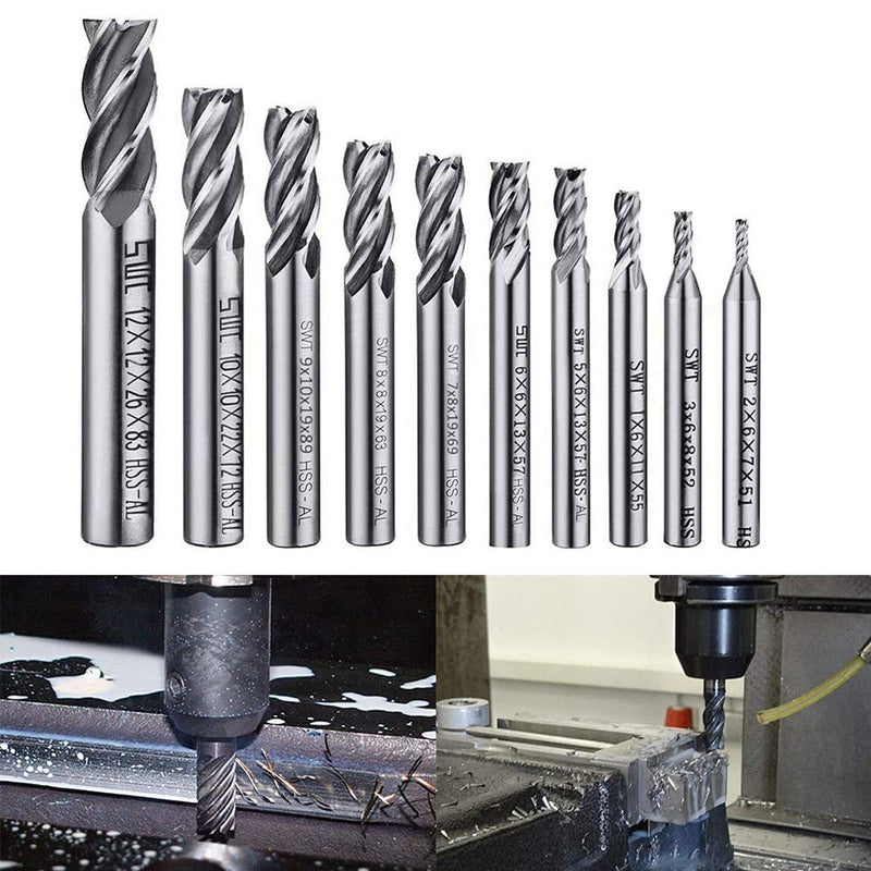  [AUSTRALIA] - ASNOMY 10pcs HSS End Mill CNC Lathe Straight Shank 2-12mm, 4 Flute Spiral Cutter Cutting End Mill Set Drill End Mill Cutter Bit 2/3/4/5/6/7/8/9/10/12mm 10pcs-2/3/4 /5/6/7/8/9/10/12mm