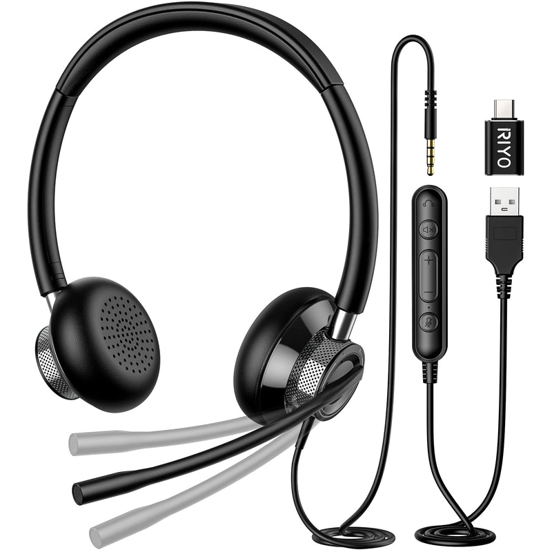  [AUSTRALIA] - RIYO USB Headset with Rotatable Mic in-Line Controls Computer Headset Stereo Ultra Soft Wired Headset for PC, Call Center, Phone, Laptop, Skype, Zoom, Tablet, with USB-C Adapter