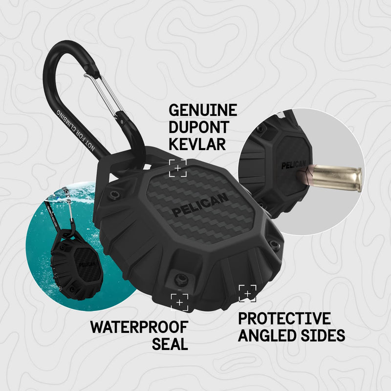  [AUSTRALIA] - Pelican Marine AirTag Holder - Waterproof AirTag Keychain w/Carabiner Clip [Impact Resistant] [Travel Essentials] Protective Kevlar Apple Air Tag Case for Dog Collar, Backpack, Keys, Luggage - Black Waterproof Carabiner
