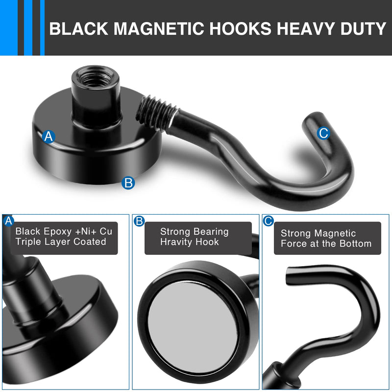  [AUSTRALIA] - LOVIMAG Black Magnetic Hooks, 22Lbs Strong Magnetic Hooks Heavy Duty with Epoxy Coating for Hanging, Kitchen, Office, Home and Garage etc- Pack of 6 06p-Black