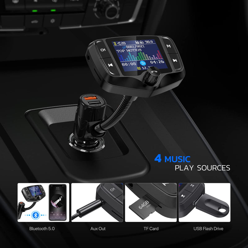  [AUSTRALIA] - Nulaxy Bluetooth FM Transmitter, Wireless Radio Adapter Hands-Free Car Kit with 1.8 Inch Display, QC 3.0 & 5V/2.4A, USB Drive & SD Card Aux in & Out