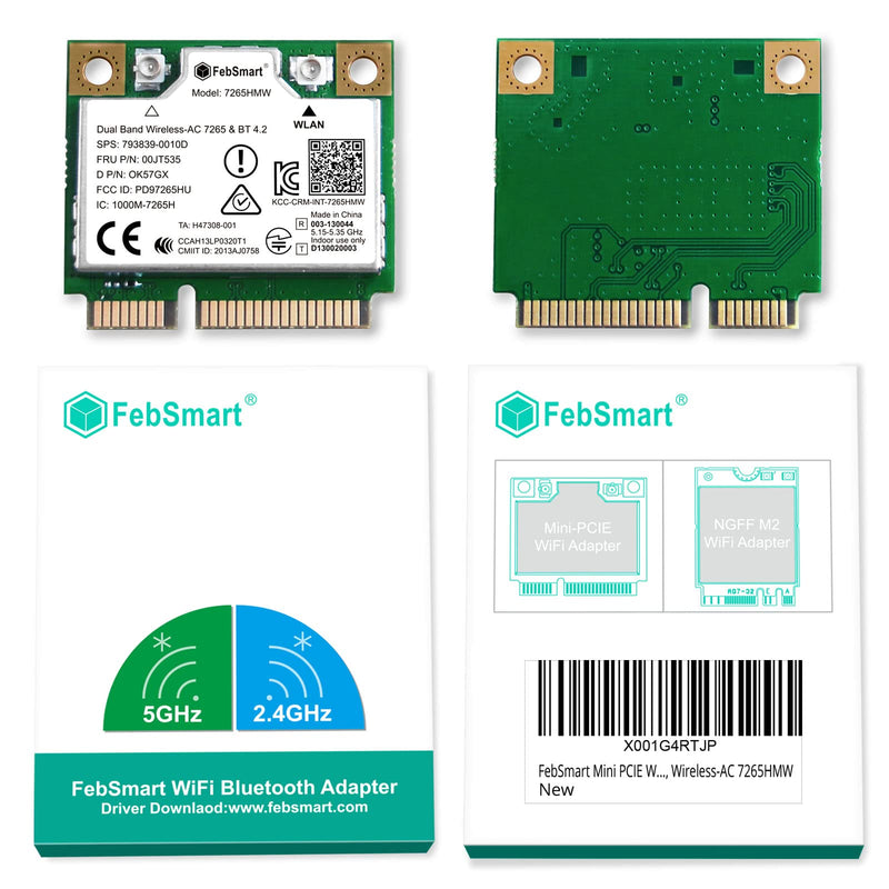  [AUSTRALIA] - FebSmart Mini PCIE WiFi Bluetooth Adapter, Wireless AC 1200Mbps (2.4GHz 300Mbps or 5G 867Mbps) with Bluetooth 4.2, for Windows 7, 8.1, 10, 11(32/64bit) & Linux 4.2+, Wireless-AC 7265HMW