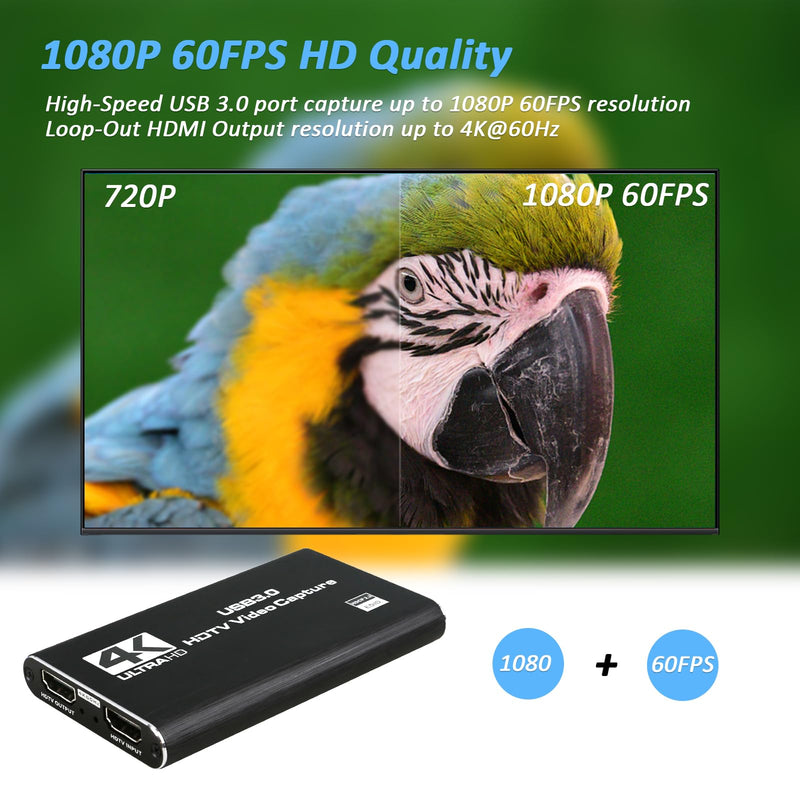  [AUSTRALIA] - 4K@60Hz Audio Video Capture Card, USB 3.0 HDMI Video Capture Device, Full HD 1080P, 3.5mm TRS Audio Input, HDCP2.2, for Game Recording, Live Streaming Broadcasting Black