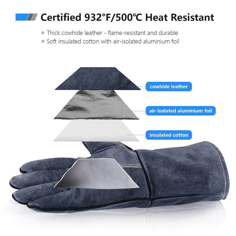  [AUSTRALIA] - 932°F Heat Resistant Forge Welding Gloves 14 inches Cowhide Leather - Long Sleeve and Insulated Lining Grill Glove for Tig Welder/Mig/Barbecue/Green Egg/Stove Gray Gray (14-inch)