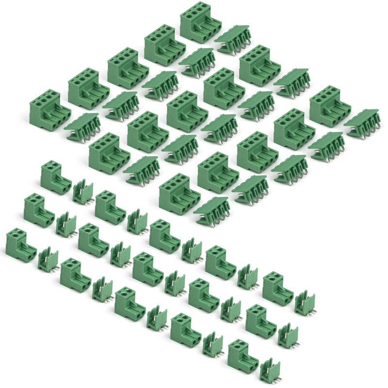  [AUSTRALIA] - 30 Pairs 5.08mm 2 Pin/4 Pin PCB Mount Screw Terminal Connector 250V 10A Terminal Block for Arduino (2 Pin-15 Pairs, 4 Pin-15 Pairs/Green)