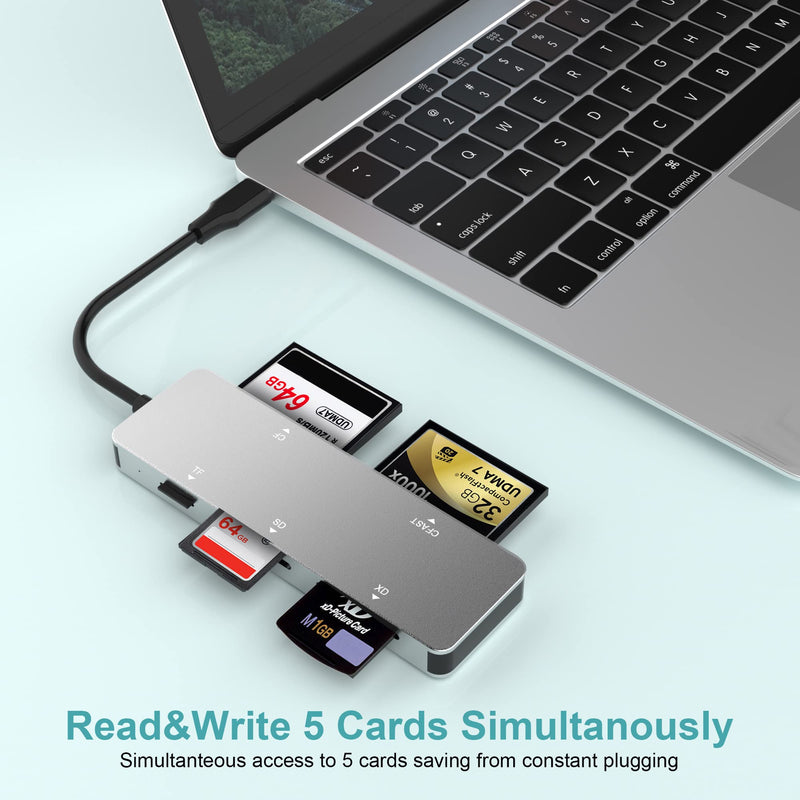  [AUSTRALIA] - CFast Card Reader, USB C CFast 2.0 Card Reader, Type-C 3.0 5Gbs CFast Memory Card Adapter for SanDisk, Lexar, Transcend, Sony Card, Read CFast/TF/SD/XD/CF 5 Cards Simultaneously