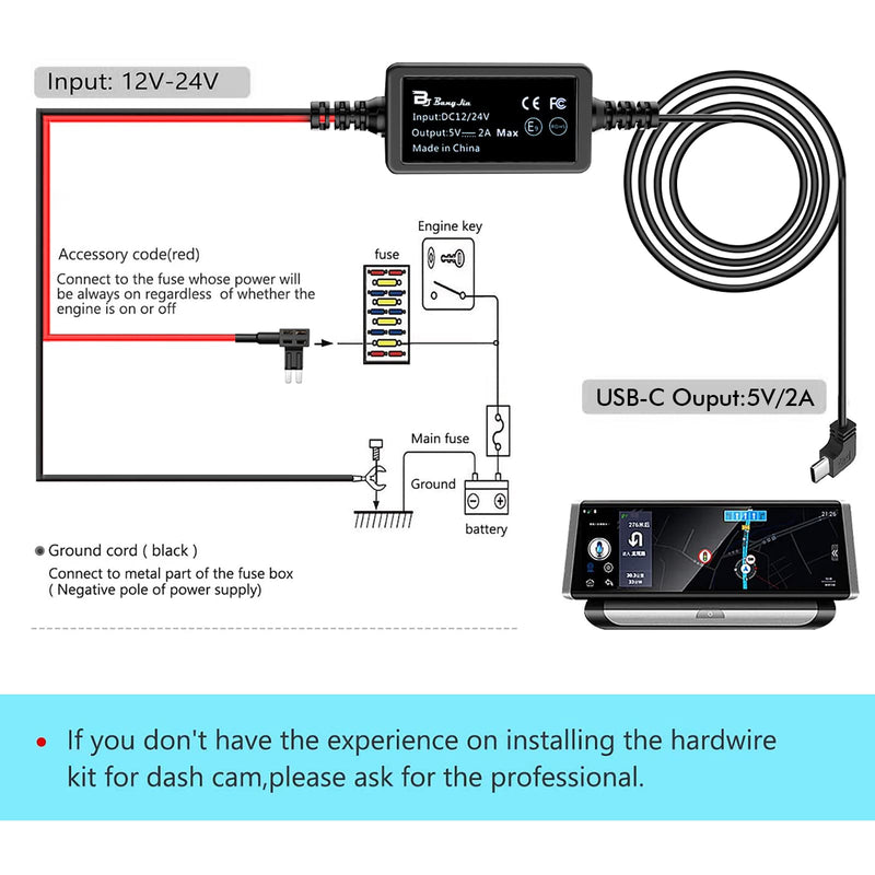 [AUSTRALIA] - USB C Dash Cam Hardwire Kit,USB C hardwire kit for Dash Camera,Bangjia 12V-24V to 5V/2A Car Dash Camera Charger Power Cord for Type C USB Dash Cam （11.5ft