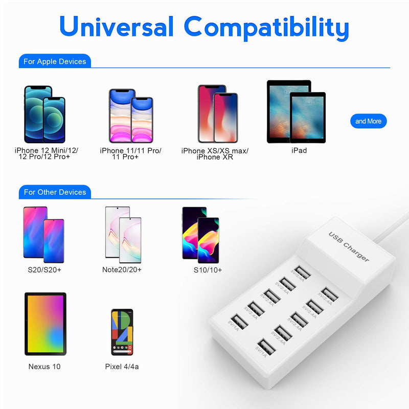  [AUSTRALIA] - USB Charger USB Charging Station with Rapid Charging Auto Detect Technology Safety Guaranteed 10-Port Family-Sized Smart USB Ports for Multiple Devices Smart Phone Tablet Laptop Computer White