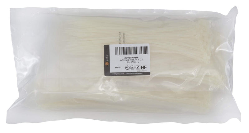  [AUSTRALIA] - GTSE 8” White/Clear Zip Ties, 1,000 Bulk Pack, 18lb Strength, UV Resistant Small Nylon Cable Ties, Self-Locking 8 Inch Tie Wraps 8" (18lb)