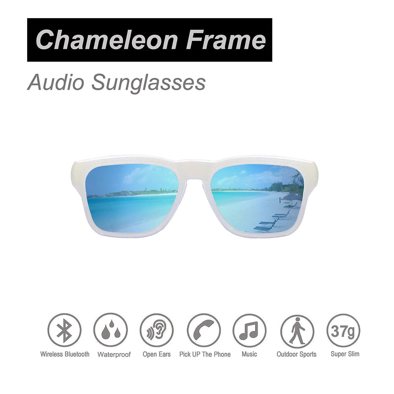  [AUSTRALIA] - OhO Bluetooth Sunglasses, Voice Control and Open Ear Style Listen Music and Calls with Volume UP and Down, Bluetooth 5.0 and IP44 Waterproof for Outdoor Chameleon Light Blue - Mirror Blue Lens
