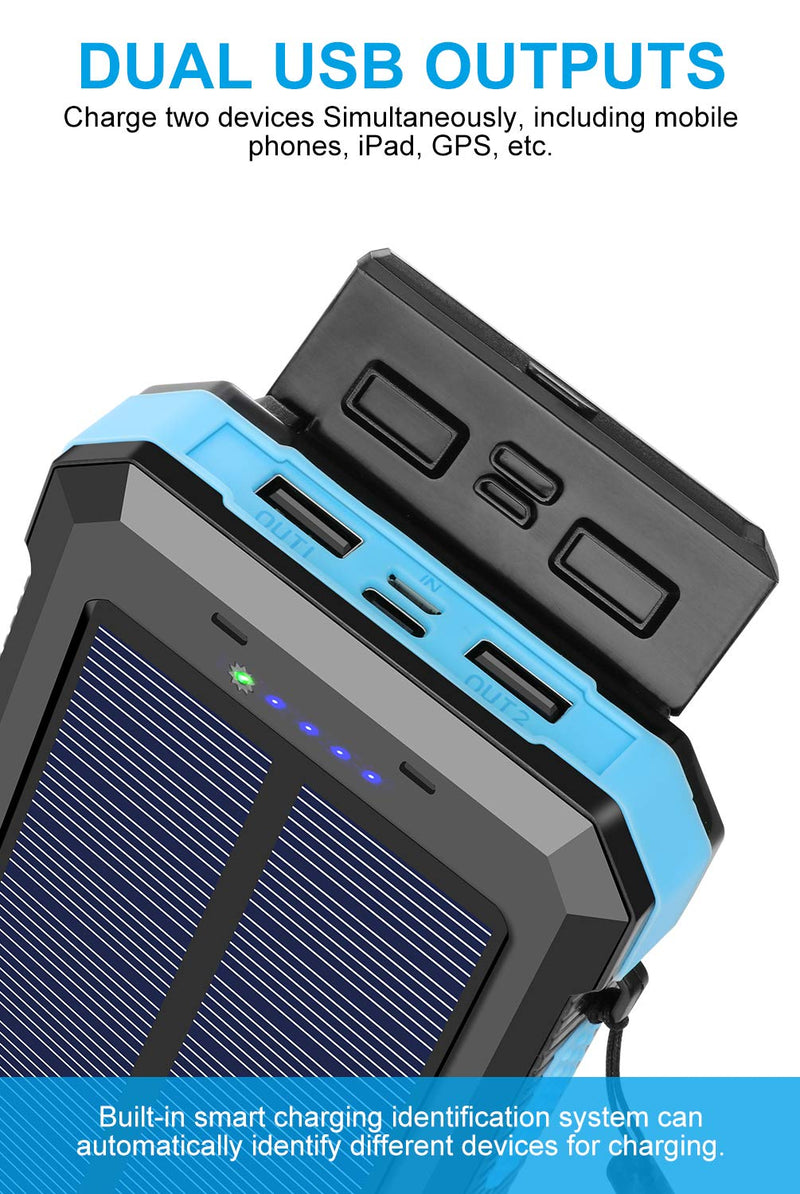 Solar Power Bank 30000mAh, Suscell Portable Solar Phone Charger with 2 Output Ports, Flashlight, IPX4 Splashproof and Shockproof for Outdoor Activities, Compatible with Smartphones and Other Devices Blue-30,000mAh - LeoForward Australia