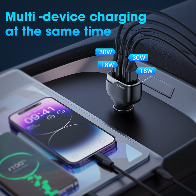  [AUSTRALIA] - Car Phone Charger, SUNDAREE 60W 4 Ports USB c Car Charger Fast Charging Cigarette Lighter Adapter, Dual QC 3.0 18W & PD 30W Charger Compatible with iPhone 14 13 12 11 Pro, Samsung Black