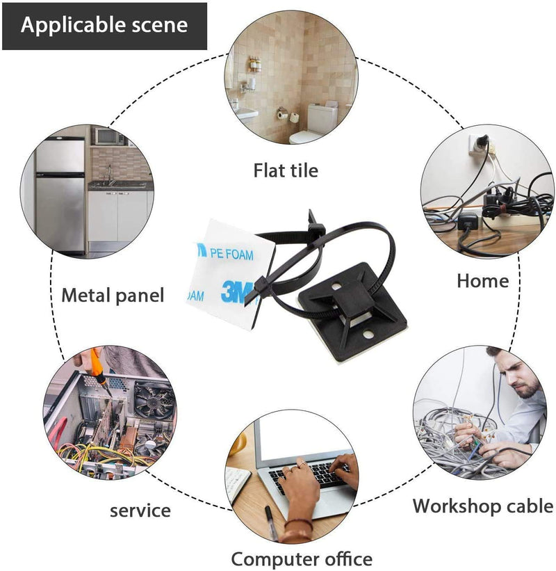  [AUSTRALIA] - Black Cable Tie Zip Self Adhesive Mounts Set, Cable Base Holders with Multi-Purpose Sticky Pads (150mm Zip Ties Length and 2cm Cable Tie Mount) (500) 500