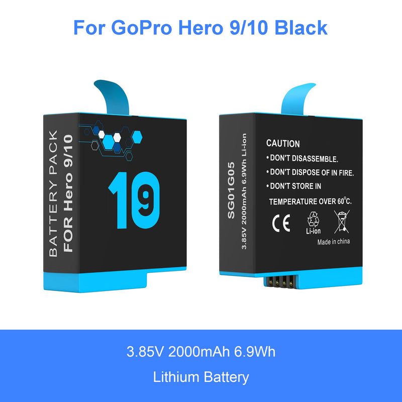  [AUSTRALIA] - Battery Charger for GoPro Hero 10 Hero 9, 2-Pack 2000mAh Replacement Batteries and 3-Channel USB USB-C Quick Charger Station Fully Compatible with Gopro Hero 10/9 Black Official 2 Pack Batteries for Hero 9/10