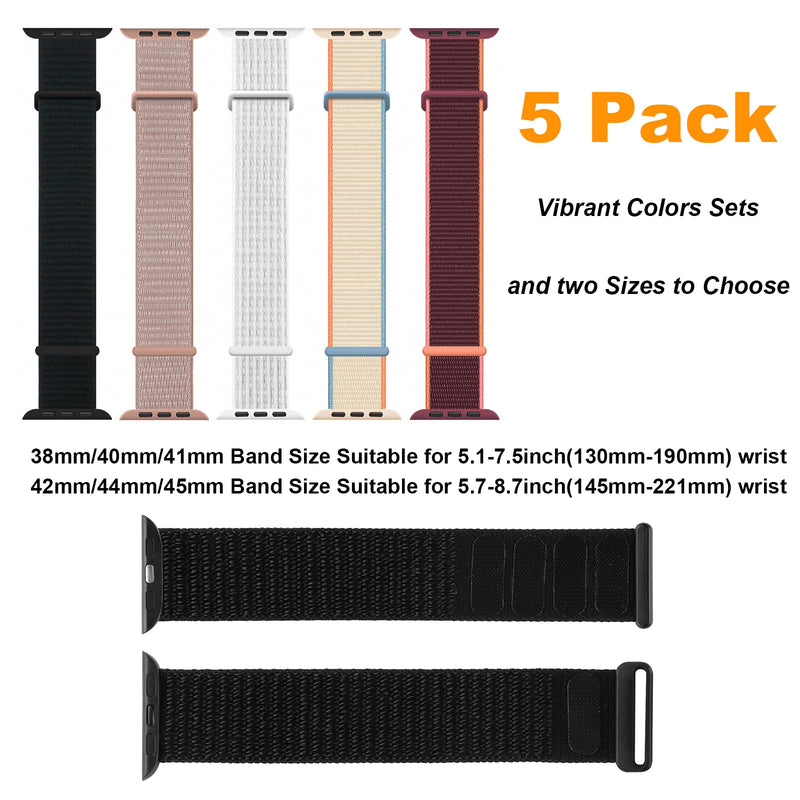  [AUSTRALIA] - 5 Pack Sport Loop Bands Compatible with Apple Watch Band 38mm 40mm 41mm 42mm 44mm 45mm Women Men, Soft Nylon Braided Elastic Strap Replacement Wristband for iWatch Series 7/6/5/4/3/2/1/SE Dark Black/Rose Pink/Summit White/Cream/Plum 38mm/40mm/41mm