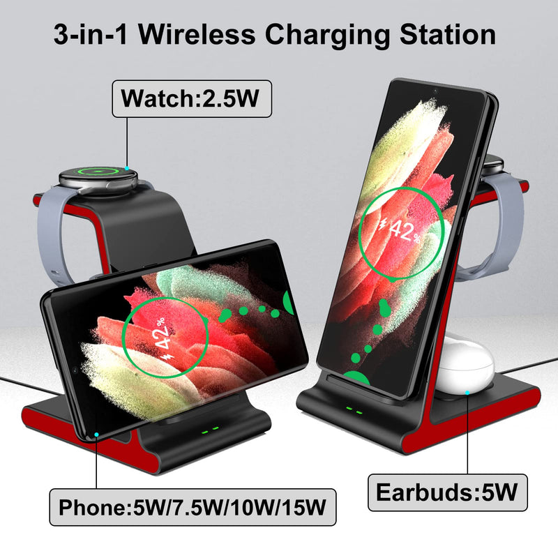  [AUSTRALIA] - Lopnord Wireless Charging Station Compatible with Samsung Galaxy Z Fold 3/Z Flip 3/S22/S21/S21 Ultra/S20/S21 FE 5G, 3 in 1 Wireless Charger for iPhone 13/12/11 Pro Max Samsung Galaxy Watch 4 Red
