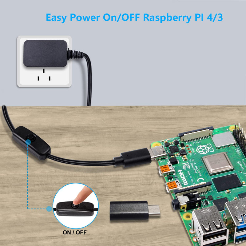  [AUSTRALIA] - Smraza 5.1V 3A Power Supply Compatible with Raspberry Pi 4ON/Off Switch, USB-C Pi 4 Charger 60 Degree Rotation Raspi 4B Adapter for Raspberry Pi 4 Model B 1GB 2GB 4GB 8GB Version