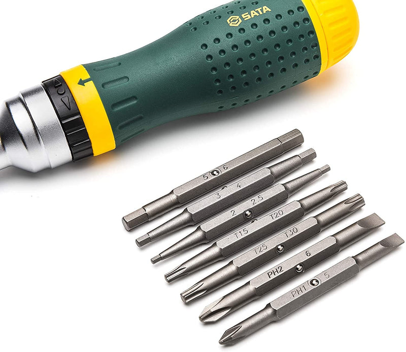  [AUSTRALIA] - SATA 19-in-1 Multipurpose Ratcheting Screwdriver Set with 8 Double-Sided Bits and a Green and Yellow Oil-Resistant Handle - ST09350, 10 Piece 10-piece set