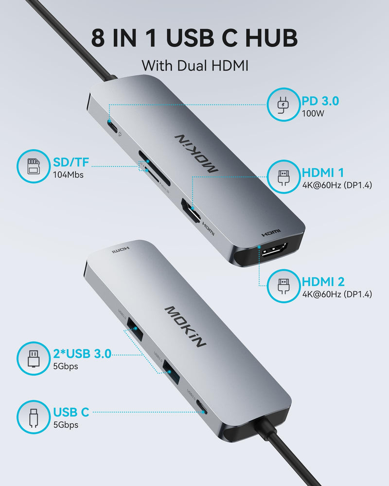  [AUSTRALIA] - USB C Docking Station Dual Monitor HDMI, USB C to Dual HDMI Adapter, 8 in 1 Laptop Docking Station with 2 HDMI(4K @60Hz), PD Charging, USB A&C 3.0 Ports, SD/TF for Dell/HP/Lenovo 8 in 1 Updated