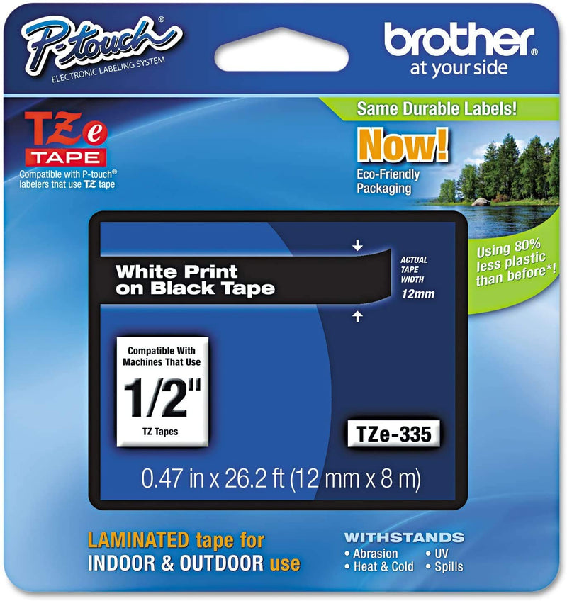  [AUSTRALIA] - Brother International TZe335 P-Touch ~1/2" (0.47") White on Black Standard Laminated Tape - 26.2 ft. (8m) 0.47 in x 26.2 ft