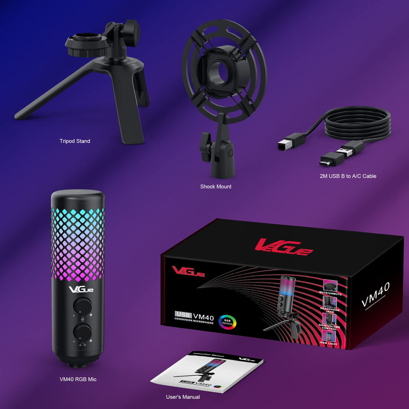  [AUSTRALIA] - VeGue USB RGB Gaming Microphone for PS5, PC Computer Condenser Mic with Adjustable Tripod Stand, Quick Mute, No-Latency Monitor, Gain Control, Shock Mount for Gaming, TikTok, YouTube, Live Streaming