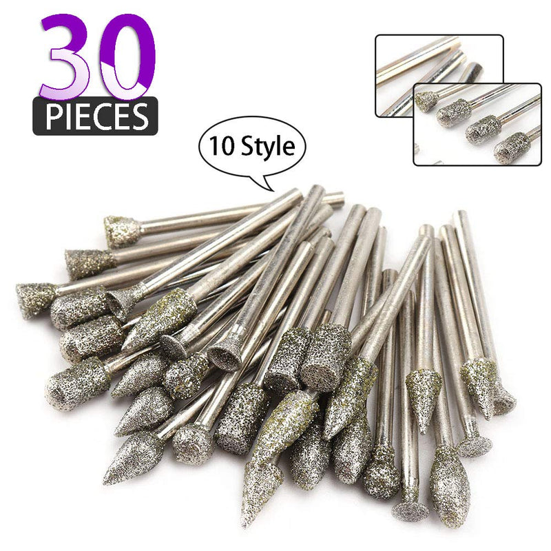 30Pcs Diamond Grinding Burr Drill Bit Mix Set with 1/8-inch Shank 10 Style Grit 60 Diamond Coated Grinding Head For Rotary Tools Stone Carving Accessories Bit Universal Fitment - LeoForward Australia