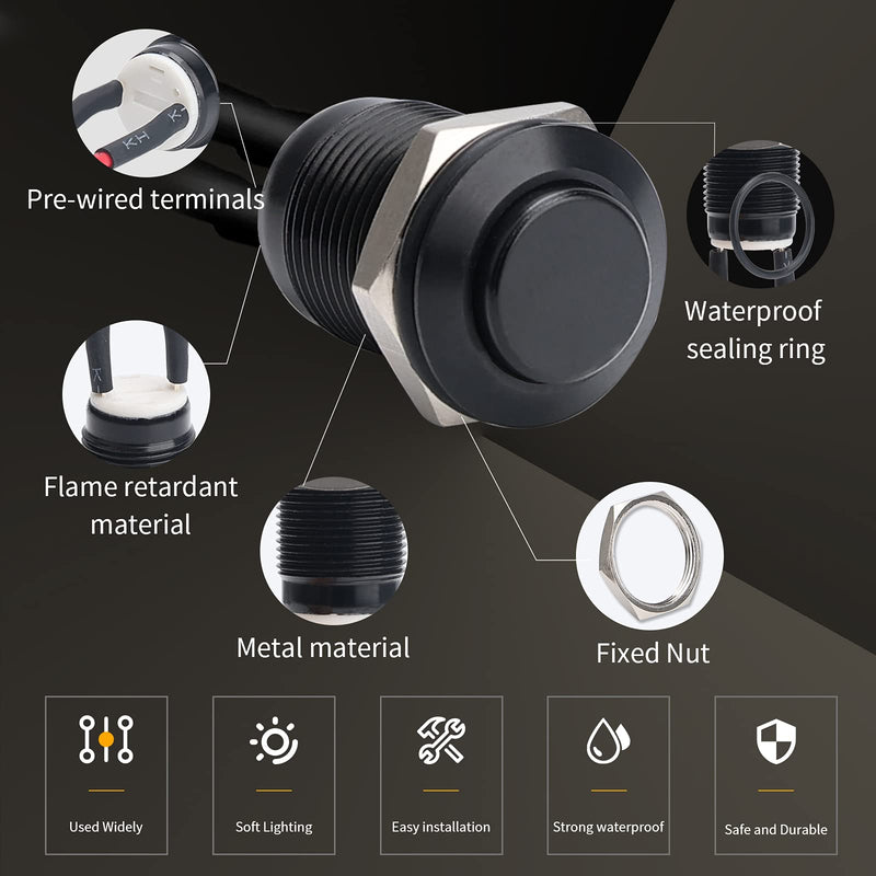  [AUSTRALIA] - Starelo 5pcs 12mm Momentary Push Button Switch Black Shell with pre-Wiring, IP65 Waterproof Push Button Switch,Stainless Steel 1 Normally Open Without LED. 12mm Black Shell