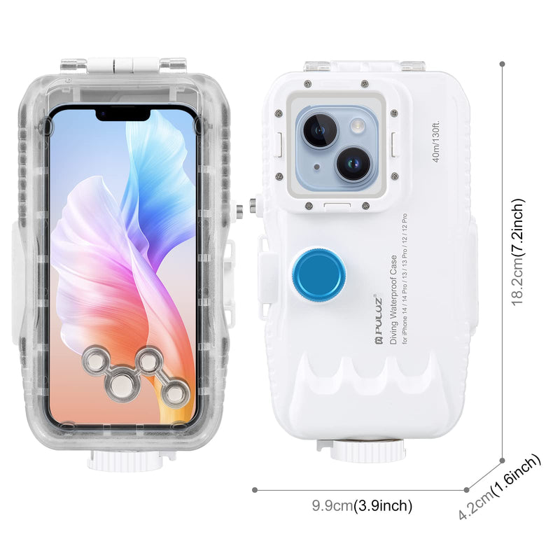  [AUSTRALIA] - PULUZ Diving Case for iPhone 14/14 Pro / 13/13 Pro / 12/12 Pro, Professional Underwater Photography Housings Case [40m/131ft] with One-Way Valve Photo Video Taking Underwater Housing Case White