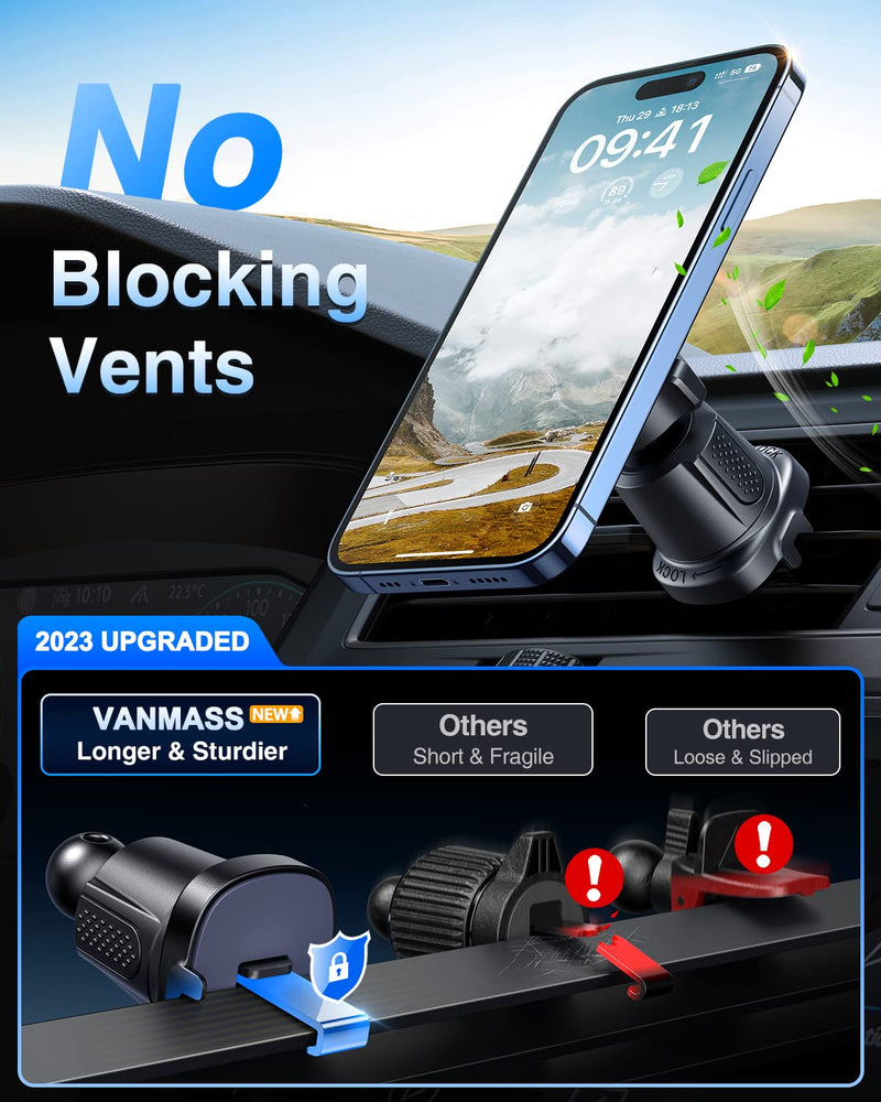  [AUSTRALIA] - VANMASS Magnetic Cell Phone Holder for Car【True Military-Grade】 for MagSafe Car Mount Suction Cellphone Stand for Dashboard Windshield Vent,Magnet Dash Mobile Accessories for iPhone Android Black