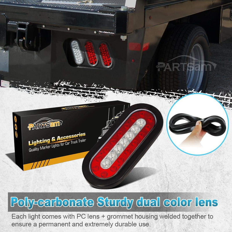  [AUSTRALIA] - Partsam 2Pcs 6.3" inch Oval Truck Trailer Led Tail Stop Brake Lights Taillights Running Red and White Backup Reverse Lights, Sealed 6.3 inch Oval led Trailer Tail Lights w reflectors Flush Mount