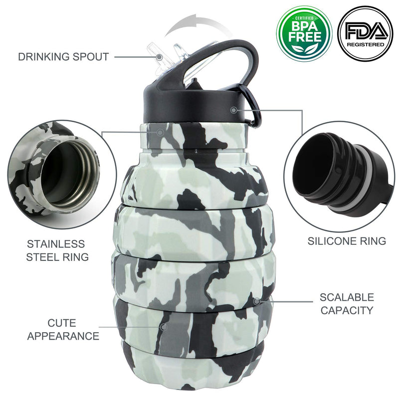  [AUSTRALIA] - know Collapsible Travel Water Bottle18oz, Reuseable BPA Free Silicone Foldable Water Bottles for Gym Camping Hiking, Portable Leak Proof Sports Water Bottle with Carabiner Camo