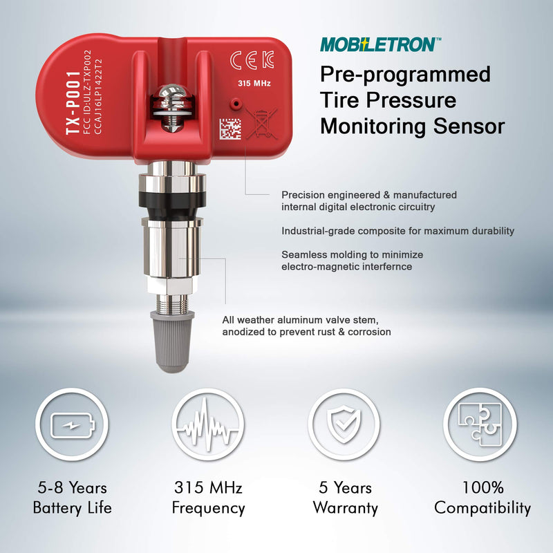 MOBILETRON 315MHz TPMS Tire Pressure Monitoring System Sensors (Clamp-in) Pre-Programmed for Buick/Cadillac/Chevrolet/GMC/Pontiac/Saab/Saturn | OE Replacement | TX-S024 - LeoForward Australia