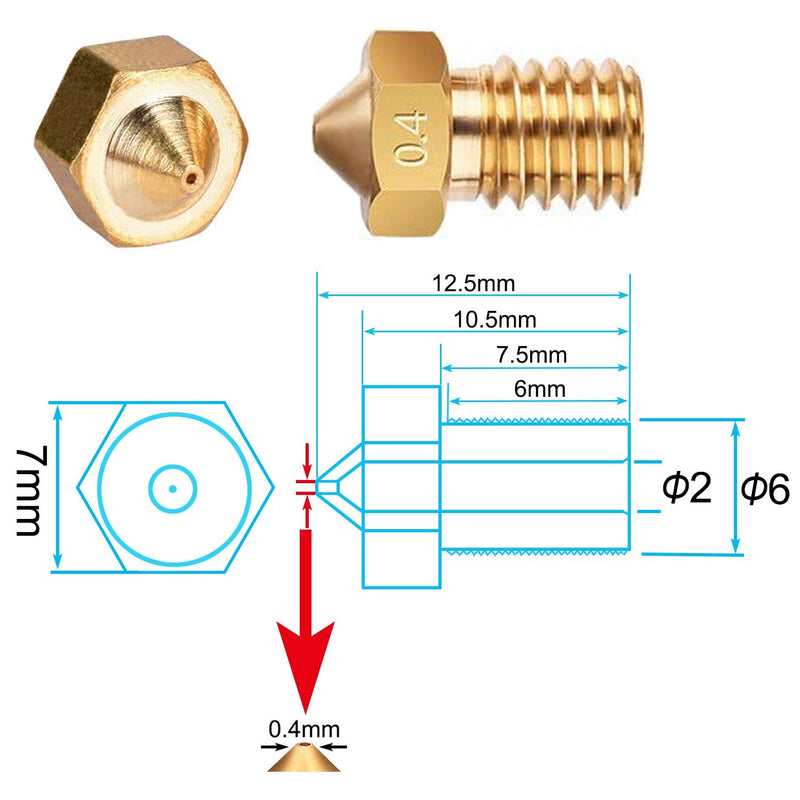  [AUSTRALIA] - E3D Nozzles, ExcelFu M6 0.4mm Brass Nozzle Extruder Print Head for 1.75mm Filament E3D V5-V6 3D Printer, Pack of 20