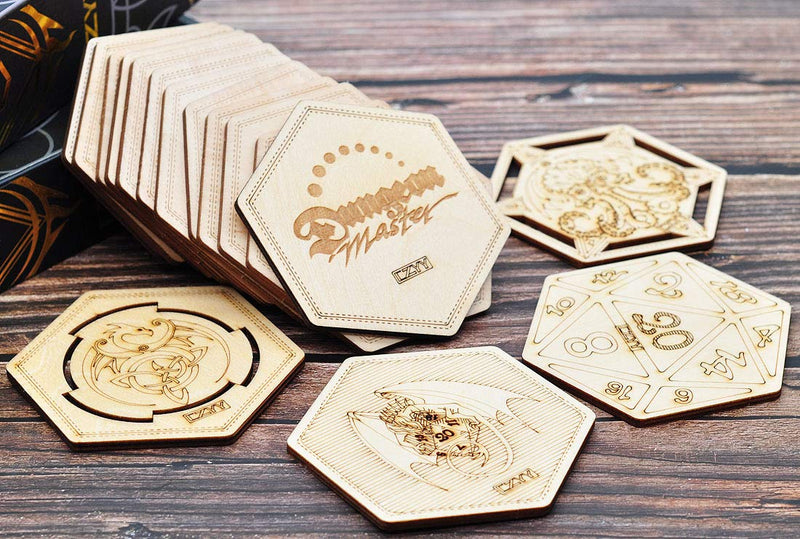  [AUSTRALIA] - D&D Decorative Wood Coasters Cool & Unique Table Mug Cup Mats Laser Engraved with Dragon, D20 and Cthulhu (Set of 5) D&d Elements