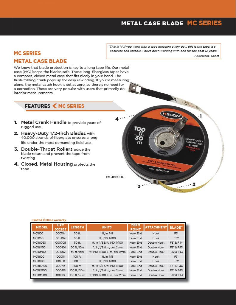  [AUSTRALIA] - Keson MC1850 Closed Metal Housing Fiberglass Measuring Tape (Graduations: ft., in, 1/8), 50-Foot ft, in, 1/8; Hook End